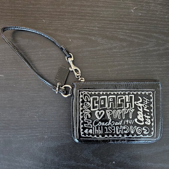 Coach Poppy Black Patent Leather Wristlet with Graphic Logo & Leopard Lining - Picture 1 of 3
